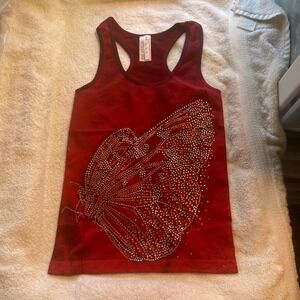 M U.S.A. Red Tie Dye Rhinestone Butterfly Racerback Tank Top One Size Y2K RT03